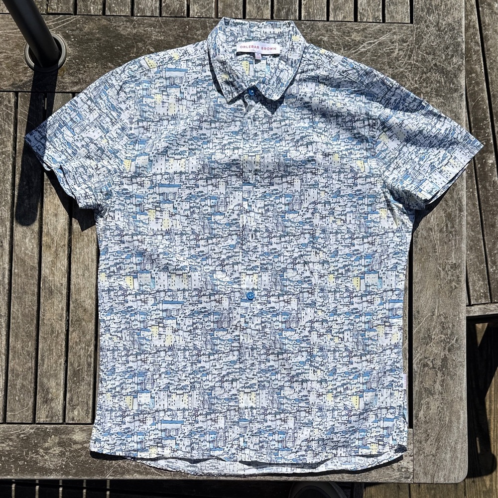 Orlebar Brown Light Blue & Yellow Building Print Short Sleeve Shirt